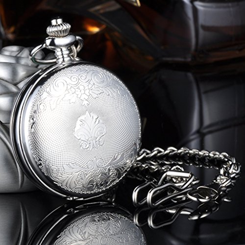Infinite U Esqueleto Números Romanos Acero Grande Dobles Tapas Reloj de Bolsillo Mecánico Collar Plateado