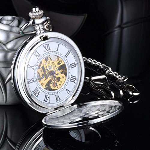 Infinite U Esqueleto Números Romanos Acero Grande Dobles Tapas Reloj de Bolsillo Mecánico Collar Plateado