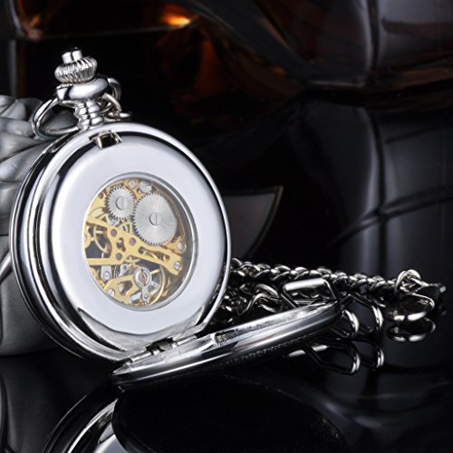 Infinite U Esqueleto Números Romanos Acero Grande Dobles Tapas Reloj de Bolsillo Mecánico Collar Plateado