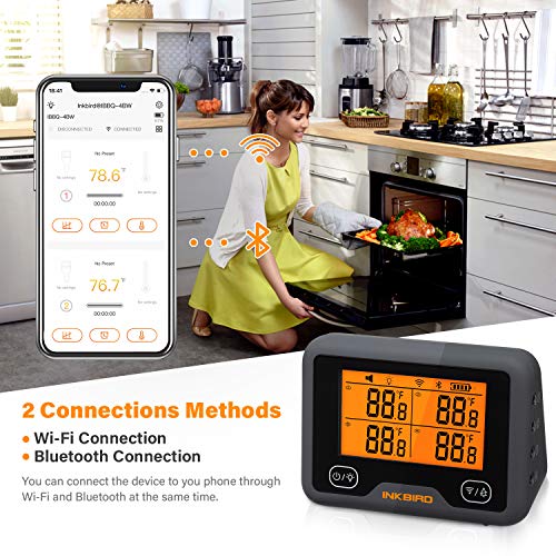 Inkbird IBBQ-4BW Wi-Fi Bluetooth BarbecueThermometer Termómetro inalámbrico recargable para barbacoa con 4 sondas Temp Gráfico Calibración Temporizador Alarma Termómetro digital para carne