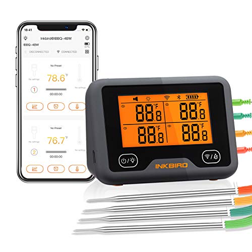 Inkbird IBBQ-4BW Wi-Fi Bluetooth BarbecueThermometer Termómetro inalámbrico recargable para barbacoa con 4 sondas Temp Gráfico Calibración Temporizador Alarma Termómetro digital para carne