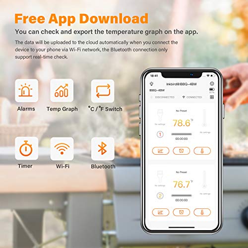 Inkbird IBBQ-4BW Wi-Fi Bluetooth BarbecueThermometer Termómetro inalámbrico recargable para barbacoa con 4 sondas Temp Gráfico Calibración Temporizador Alarma Termómetro digital para carne