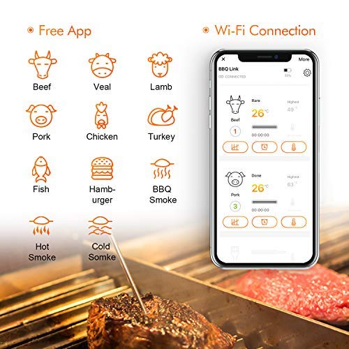 Inkbird IBBQ-4T WiFi BBQ Thermometer Termómetro inalámbrico recargable con 4 sondas Alarma Temporizador de calibración Termómetro digital para carne para horno ahumador Tambor de cocina