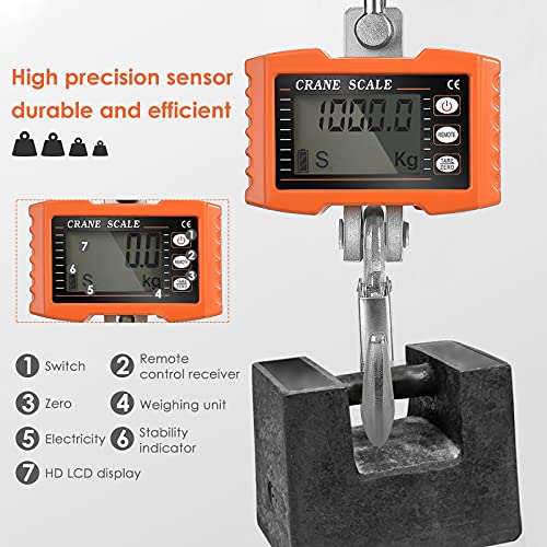 InLoveArts 1000kg Báscula Gancho con control remoto y pantalla súper clara Aluminio Escala de grúa LED Inteligente Báscula Electrónica Digital para Industria granja (2000 lbs) Naranja