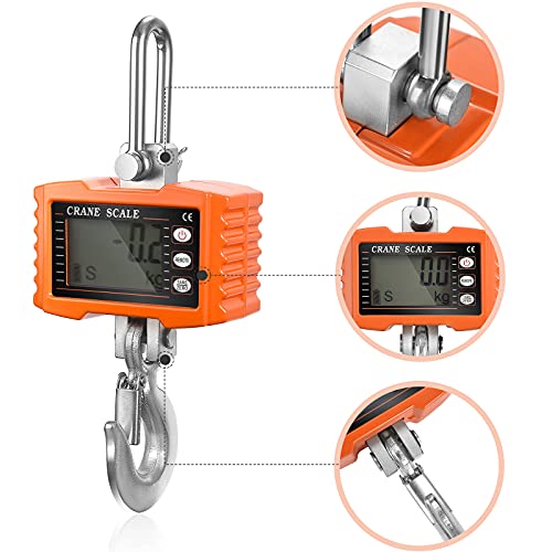 InLoveArts 1000kg Báscula Gancho con control remoto y pantalla súper clara Aluminio Escala de grúa LED Inteligente Báscula Electrónica Digital para Industria granja (2000 lbs) Naranja