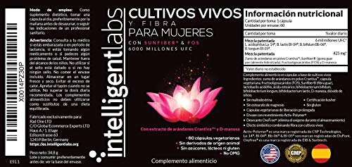 Intelligent Labs Cultivos Vivos y Fibra para Mujeres, con Extracto de Arándanos, D-Manosa y Fibra ¡Todo en Uno! 6.000 Millones de UFC, Una Cápsula al Día, Envase para 2 Meses