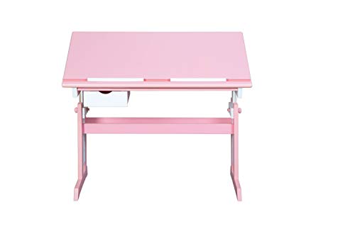 Inter Link Escritorio escolar, mesa de trabajo para niños, madera maciza, tablero de fibra de densidad media MDF lacado rosa y blanco