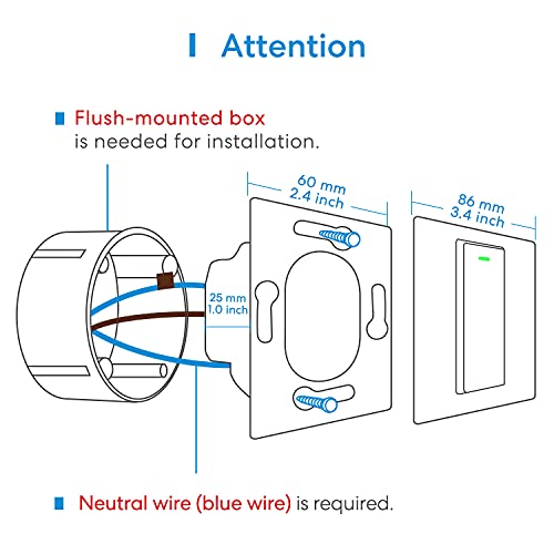 Interruptor de Pared Wi-Fi, 1 Vía, 1 Canal. Compatible con Alexa, Asistente de Google y SmartThings. meross MSS510X. (Se Requiere un Cable Neutral al Instalar)