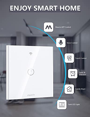 Interruptor Luz WiFi, Maxcio Interruptor Inteligente 1 Gang Compatible con Alexa y Google Home, Control de APP y Función de Temporizador, Neutral Requerido