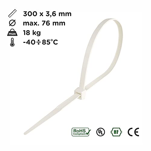 intervisio Bridas de Plastico para Cables 300mm x 3,6mm, Blanco, 100 Piezas