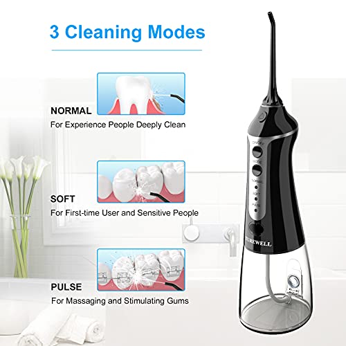 Irrigador Bucal Portátil, TUREWELL Irrigador Dental Profesional 300ml USB Recargable con 3 modos 5 Boquillas IPX7 Impermeable Para La Higiene Dental Limpieza Dental Ideal Para Viajes