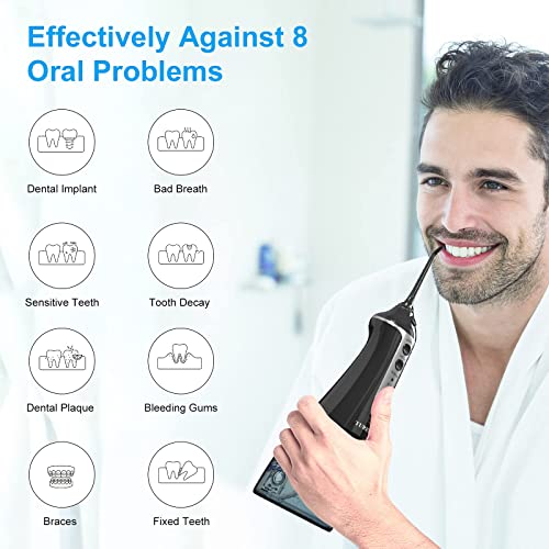 Irrigador Bucal Portátil, TUREWELL Irrigador Dental Profesional 300ml USB Recargable con 3 modos 5 Boquillas IPX7 Impermeable Para La Higiene Dental Limpieza Dental Ideal Para Viajes