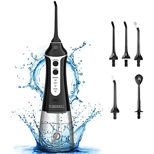 Irrigador Bucal Portátil, TUREWELL Irrigador Dental Profesional 300ml USB Recargable con 3 modos 5 Boquillas IPX7 Impermeable Para La Higiene Dental Limpieza Dental Ideal Para Viajes