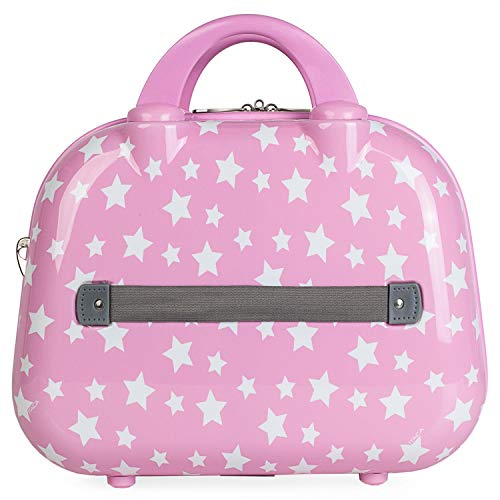 ITACA - Juego Maleta de Viaje Infantil Juvenil Pequeña con Neceser Viaje Rígido. Cabina Avión Rígida y Ligera con 4 Ruedas para Niña Niño. Trolley Equipaje de Mano Avión 55x40x20. Candado, Color Rosa