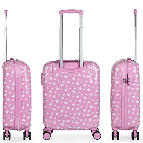 ITACA - Juego Maleta de Viaje Infantil Juvenil Pequeña con Neceser Viaje Rígido. Cabina Avión Rígida y Ligera con 4 Ruedas para Niña Niño. Trolley Equipaje de Mano Avión 55x40x20. Candado, Color Rosa