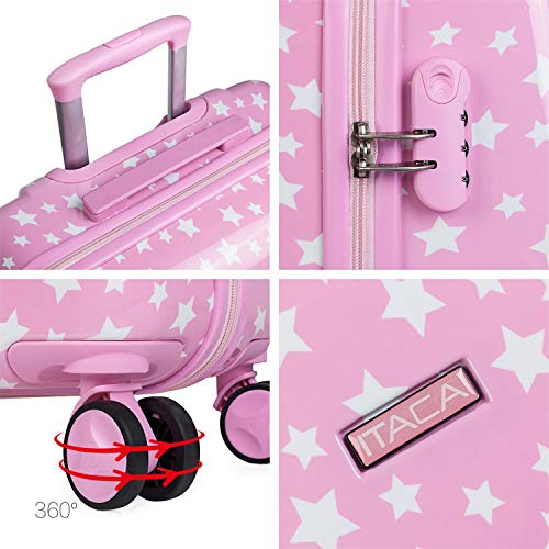 ITACA - Juego Maleta de Viaje Infantil Juvenil Pequeña con Neceser Viaje Rígido. Cabina Avión Rígida y Ligera con 4 Ruedas para Niña Niño. Trolley Equipaje de Mano Avión 55x40x20. Candado, Color Rosa