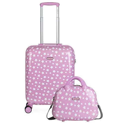 ITACA - Juego Maleta de Viaje Infantil Juvenil Pequeña con Neceser Viaje Rígido. Cabina Avión Rígida y Ligera con 4 Ruedas para Niña Niño. Trolley Equipaje de Mano Avión 55x40x20. Candado, Color Rosa