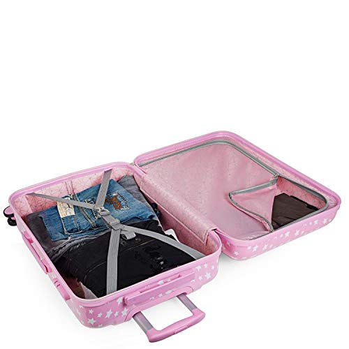 ITACA - Juego Maleta de Viaje Infantil Juvenil Pequeña con Neceser Viaje Rígido. Cabina Avión Rígida y Ligera con 4 Ruedas para Niña Niño. Trolley Equipaje de Mano Avión 55x40x20. Candado, Color Rosa