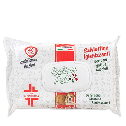 Italian Pet Toallitas de Clorhexidina para la higiene de Perros y Gatos. Toallitas Desinfectantes para Limpiar Las Patas y el Pelo de tu Mascota. Hipoalergénicas y Resistentes. Grandes (40 Unidades)