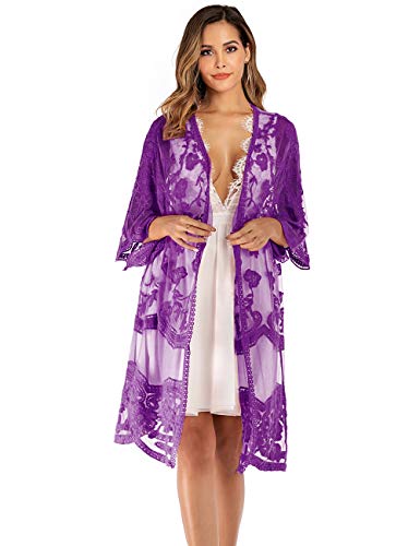 iWoo Kimono sexy para mujer, de encaje, con flores, crochet, parte delantera, chaqueta de punto, para verano, playa, vestido largo, A-lila, Tallaúnica