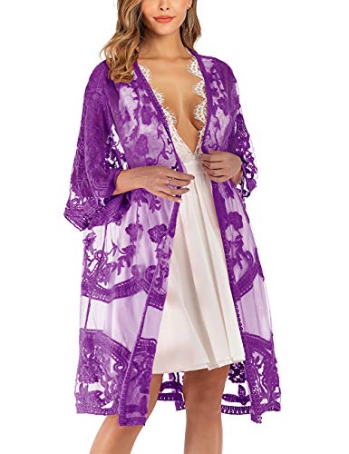 iWoo Kimono sexy para mujer, de encaje, con flores, crochet, parte delantera, chaqueta de punto, para verano, playa, vestido largo, A-lila, Tallaúnica