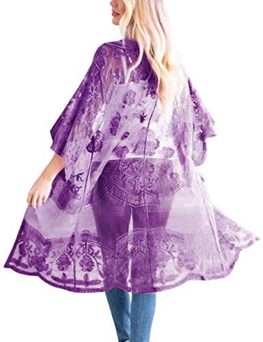 iWoo Kimono sexy para mujer, de encaje, con flores, crochet, parte delantera, chaqueta de punto, para verano, playa, vestido largo, A-lila, Tallaúnica