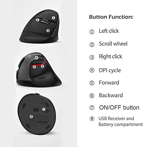 J-Tech Digital Ratón inalámbrico ergonómico Vertical, 2.4G RF inalámbrico óptico ratón con luz LED Ajustable 800/1200/1600DPI – Reduce el Dolor de Mano/muñeca (No Recargable)