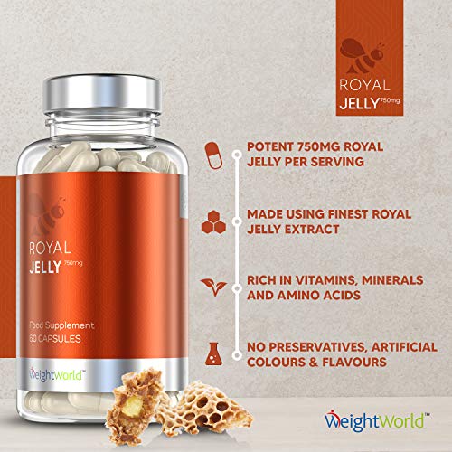 Jalea Real Cápsulas 750 mg 60 Cápsulas - Fuente de Vitaminas, Minerales y Aminoácidos Esenciales, Sin Conservantes y Sin Gluten