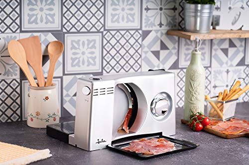 Jata CF301 Cortafiambres Compacta con Zona de Corte y Carro de Acero Inoxidable Desmontable de alta Precisión Base Plegable Bandeja Recogelonchas