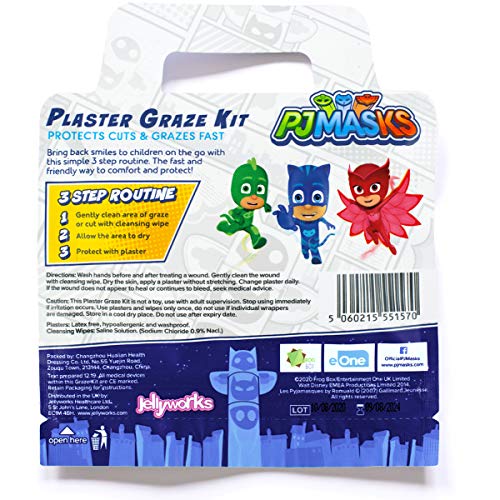 Jellyworks Pj Masks Tiritas Y Toallitas Para Limpiar Heridas / X22 / Sin Látex/Hipoalergénico/Prueba De Lavado/Certificado Ce 60 g