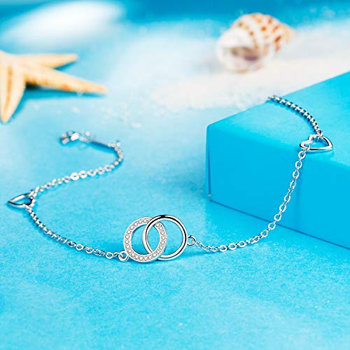 J.Endéar Tobillera de Plata de Ley 925 con Símbolo de Amor para Mujeres Niñas, Cadena Ajustable 22 + 4 cm