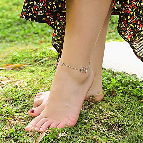 J.Endéar Tobillera de Plata de Ley 925 con Símbolo de Amor para Mujeres Niñas, Cadena Ajustable 22 + 4 cm