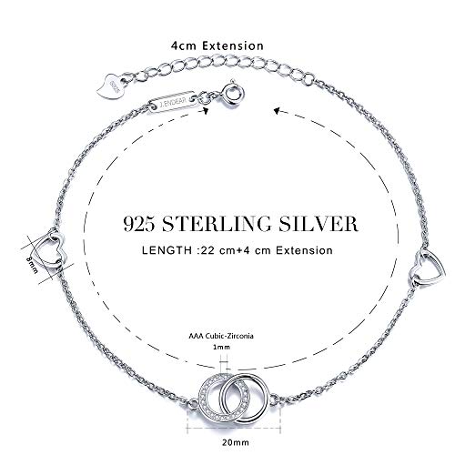 J.Endéar Tobillera de Plata de Ley 925 con Símbolo de Amor para Mujeres Niñas, Cadena Ajustable 22 + 4 cm