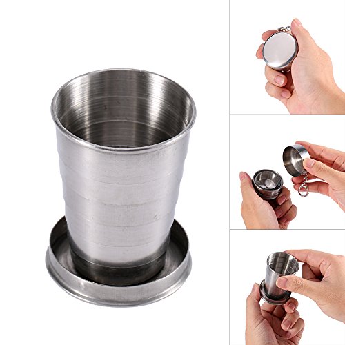 Jenngaoo Taza Plegable de Acero Inoxidable con Tapa Protectora, Taza portátil de Viaje para Acampar al Aire Libre, Taza Plegable Desmontable con Llavero, Taza telescópica de Metal pequeña(L / 240ml)