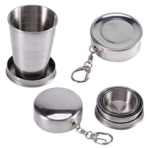 Jenngaoo Taza Plegable de Acero Inoxidable con Tapa Protectora, Taza portátil de Viaje para Acampar al Aire Libre, Taza Plegable Desmontable con Llavero, Taza telescópica de Metal pequeña(L / 240ml)
