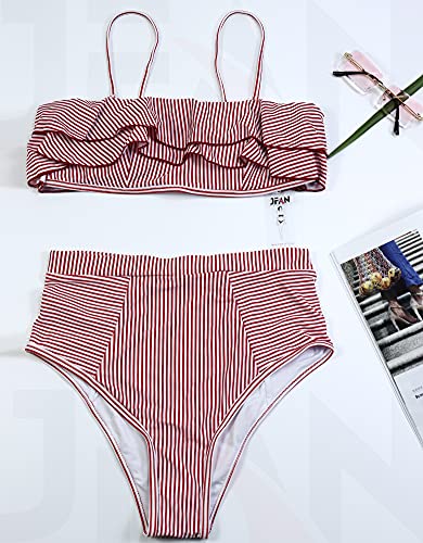 JFAN Conjunto de Dos Piezas de Traje de Baño A Rayas de Cintura Alta Volantes para Mujer Traje de Baño Cintura Alta sin Tirantes de Corte Alto(Rojo,S)