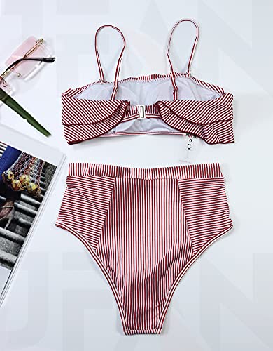 JFAN Conjunto de Dos Piezas de Traje de Baño A Rayas de Cintura Alta Volantes para Mujer Traje de Baño Cintura Alta sin Tirantes de Corte Alto(Rojo,S)