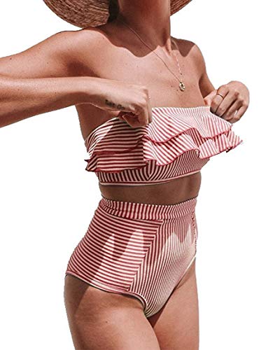 JFAN Conjunto de Dos Piezas de Traje de Baño A Rayas de Cintura Alta Volantes para Mujer Traje de Baño Cintura Alta sin Tirantes de Corte Alto(Rojo,S)