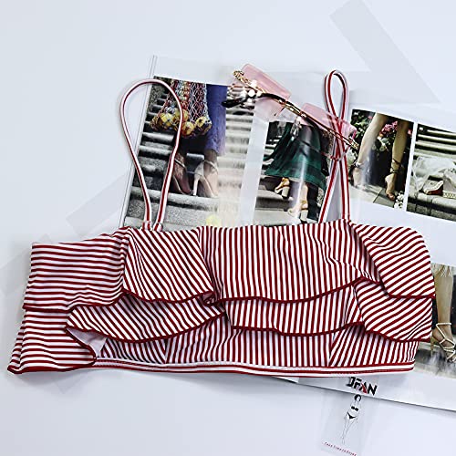 JFAN Conjunto de Dos Piezas de Traje de Baño A Rayas de Cintura Alta Volantes para Mujer Traje de Baño Cintura Alta sin Tirantes de Corte Alto(Rojo,S)