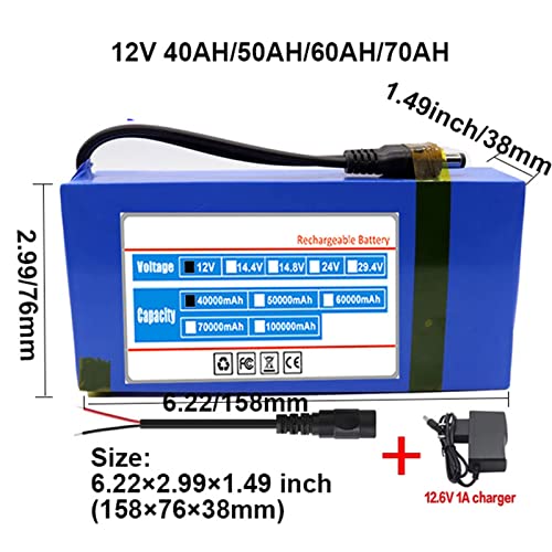 JHKGY Batería De Litio 12V,18650 40AH, 50AH, 60AH, 70AH Paquete De Baterías De Iones De Litio,con Cargador 12.6V1A + Cable De Cabeza De Bus CC,para Transmisor Inalámbrico, Cámara CCTV, Etc,40AH