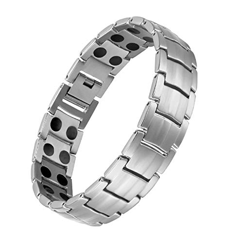 JHKJ Pulsera Magnética de Titanio para Hombre, Pulsera de Recuperación Magnética Ultrarresistente para Aliviar el Dolor de Artritis y Túnel Carpiano, con Herramienta,Plata