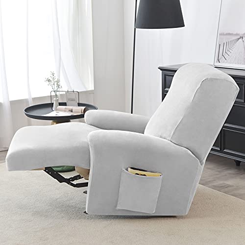 JHLD Funda De Sillón Relax Elástica Terciopelo, Funda Sillon Relax 4 Piezas Suave Funda para Sillón Reclinable Antideslizante Protector para Sillón Reclinable Extraíbles Y Lavables-Gris Claro-1 Plaza