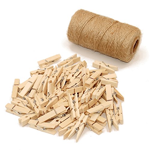 jijAcraft 100pcs Pinzas de Madera Pequeñas Decorativas para Fotos 3,5cm + 100M Cordel Yute para Decoración, Artesanía