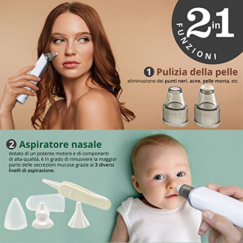 Jikika Aspirador nasal y puntos negros 2 en 1 multifunción con 5 boquillas reutilizables y 4 modos de carga seguro y silencioso, ideal para la higiene de adultos y niños