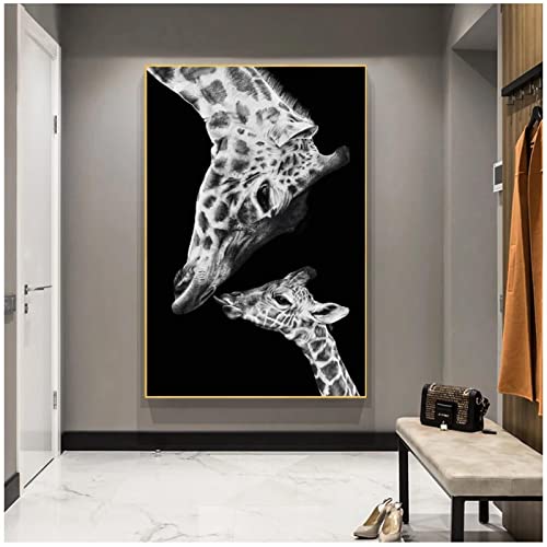 JINGPINPUZI Animales nórdicos Jirafa Madre Niño Lienzo en la Pared Carteles e Impresiones Imágenes artísticas Divertidas Imágenes Decoración （70 × 100 CM / 27,5 × 39,3 Pulgadas） Sin Marco