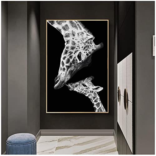 JINGPINPUZI Animales nórdicos Jirafa Madre Niño Lienzo en la Pared Carteles e Impresiones Imágenes artísticas Divertidas Imágenes Decoración （70 × 100 CM / 27,5 × 39,3 Pulgadas） Sin Marco