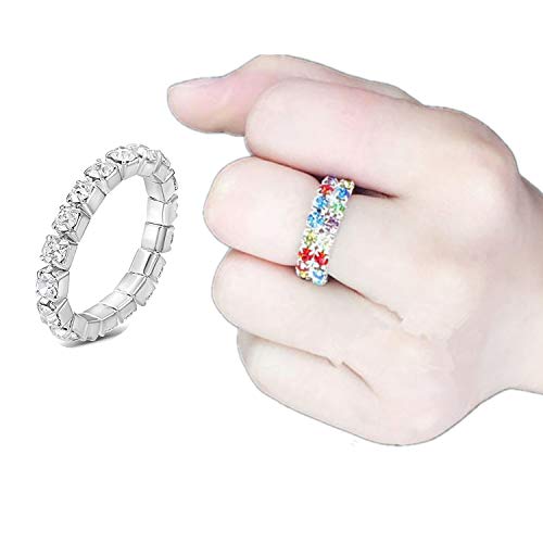 JinYu 10 piezas de diamantes de imitación 1 hilera de cristales incrustados joyería elástica anillo de dedo para mujeres y niñas, color plateado
