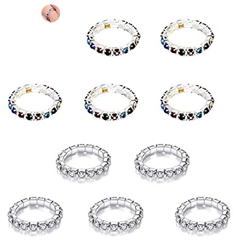 JinYu 10 piezas de diamantes de imitación 1 hilera de cristales incrustados joyería elástica anillo de dedo para mujeres y niñas, color plateado