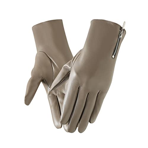 JJZXD Invierno para Mujer, Pantalla táctil cálida, vellón Fino no hinchado, Cuero PU, Impermeable, Moda, Cremallera, Guantes de conducción para Ciclismo (Color : Beige, Size : S Code)