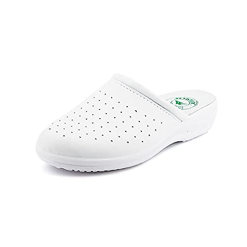 JOMIX Chanclas sanitarias para mujer y hombre, anatómicas, con zócalos, sanitarios, fabricadas en Italia, plantilla de piel auténtica, 07 Blanco, 40 EU